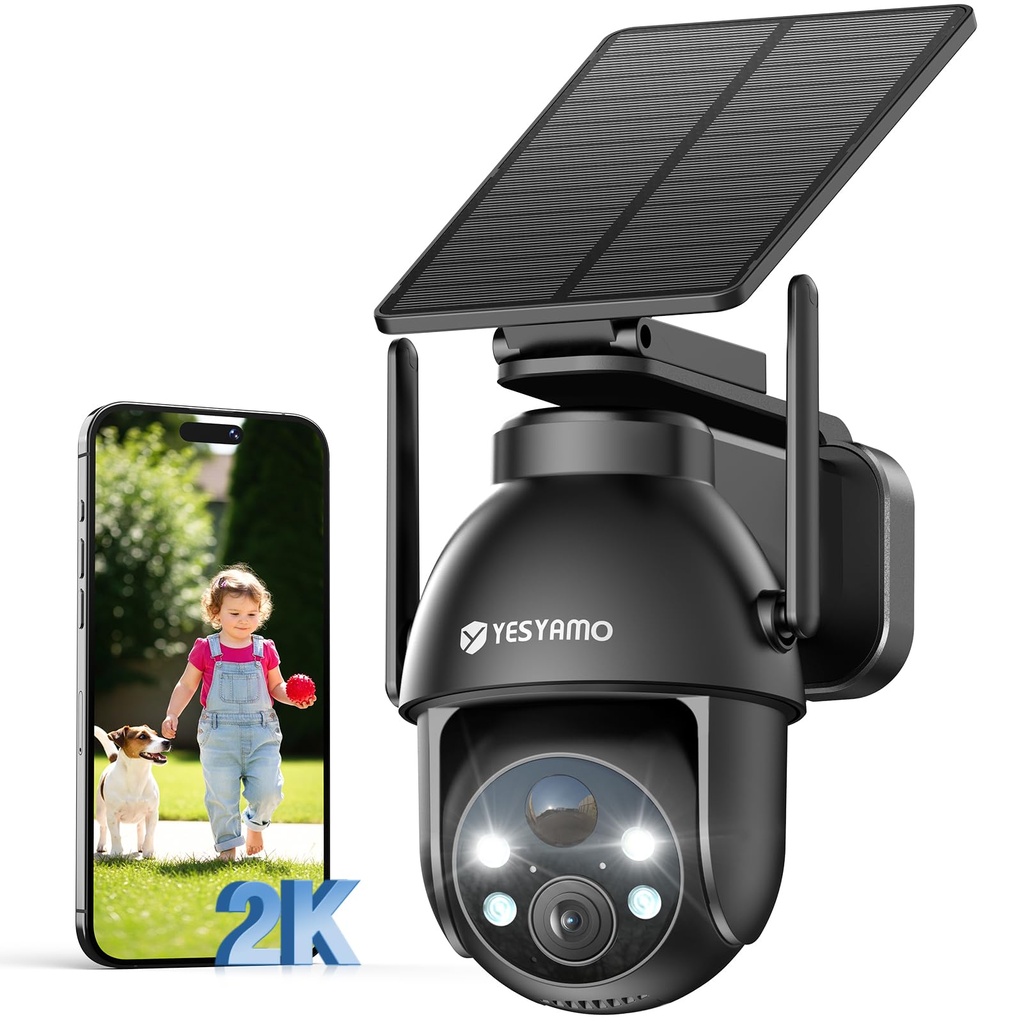 CAMERA SOLAIRE WIFI, 1x Objectif Rotatif, Noire, Alarme - YESYAMO